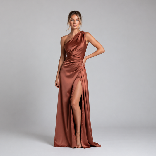 Élodie™ Robe Satinée Plissée Fendue à Une Épaule
